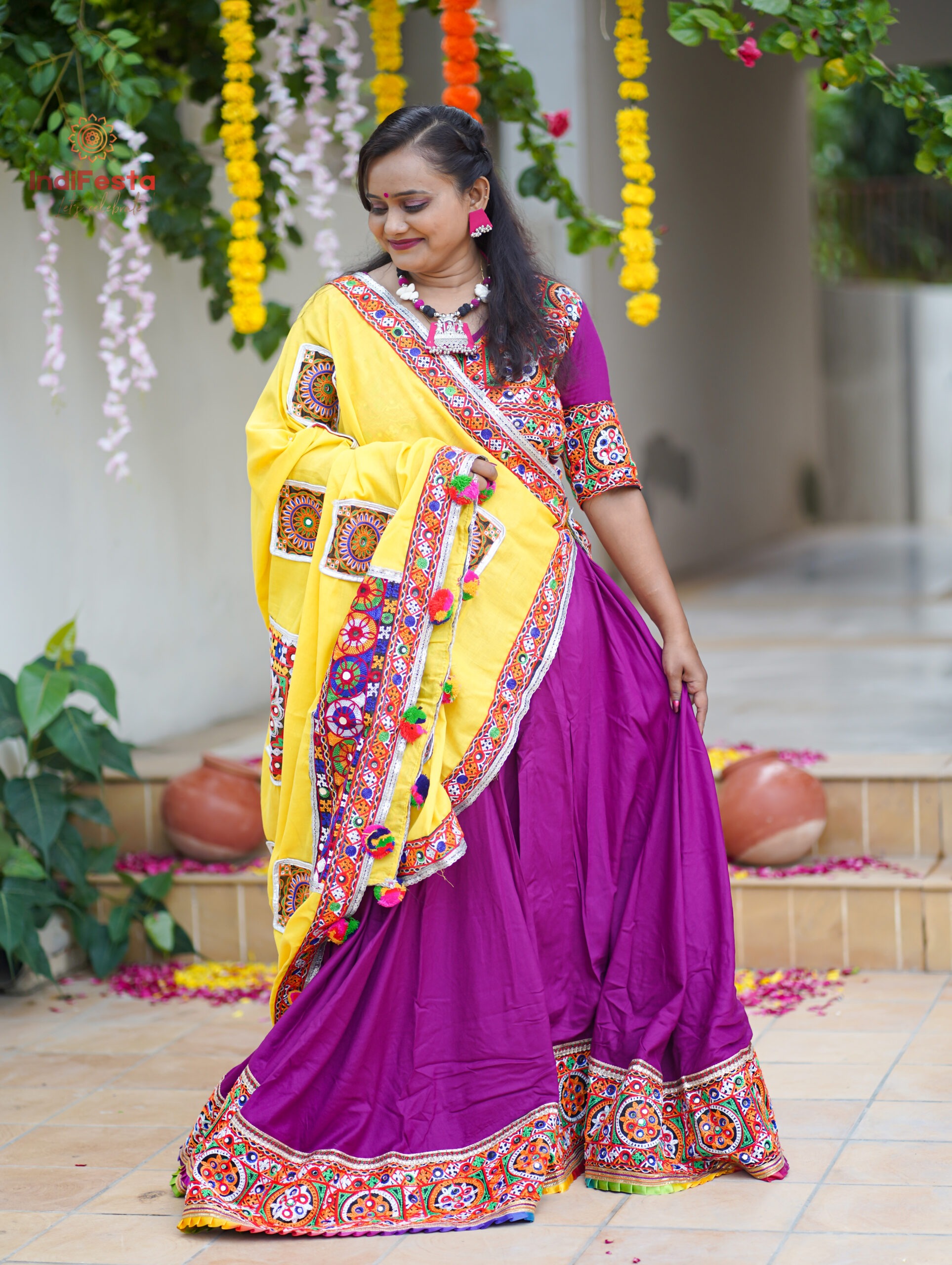 Kutchhi Embroidery Yellow - Pink Chaniya choli | IndiFesta